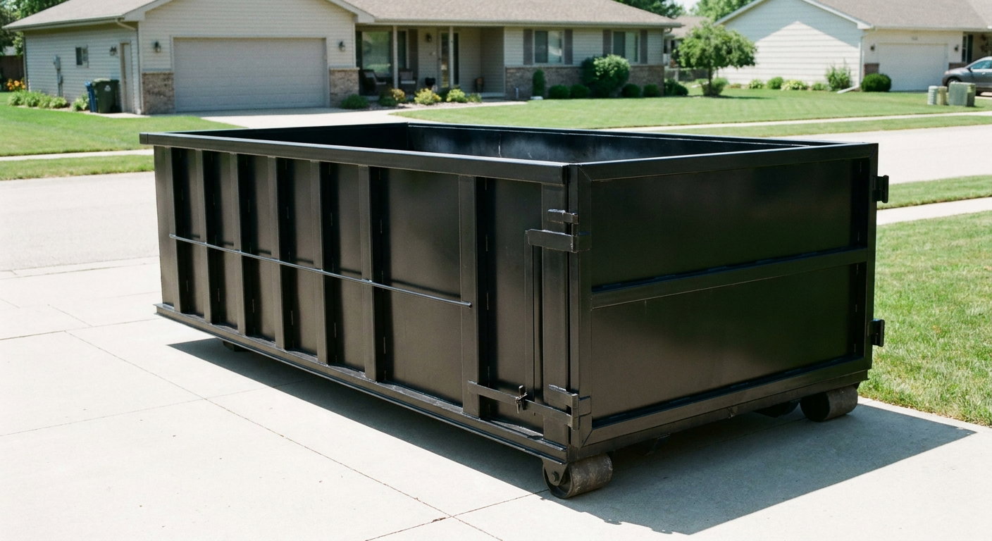 Matte-black 10-yard roll-off dumpster on a residential concrete driveway in Alhambra, uniformly painted matte black across every panel and rail, ribbed steel sidewalls and rear swing door visible, mid-day daylight.