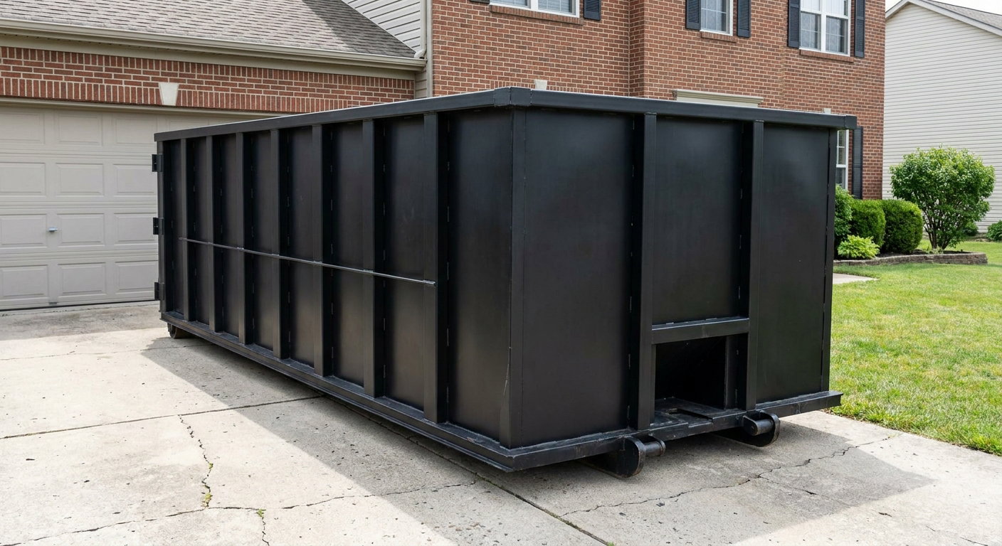 Matte-black 20-yard roll-off container on a Alhambra residential concrete driveway with reinforced ribbed steel sidewalls and a hinged rear walk-in door, clean bright daylight.