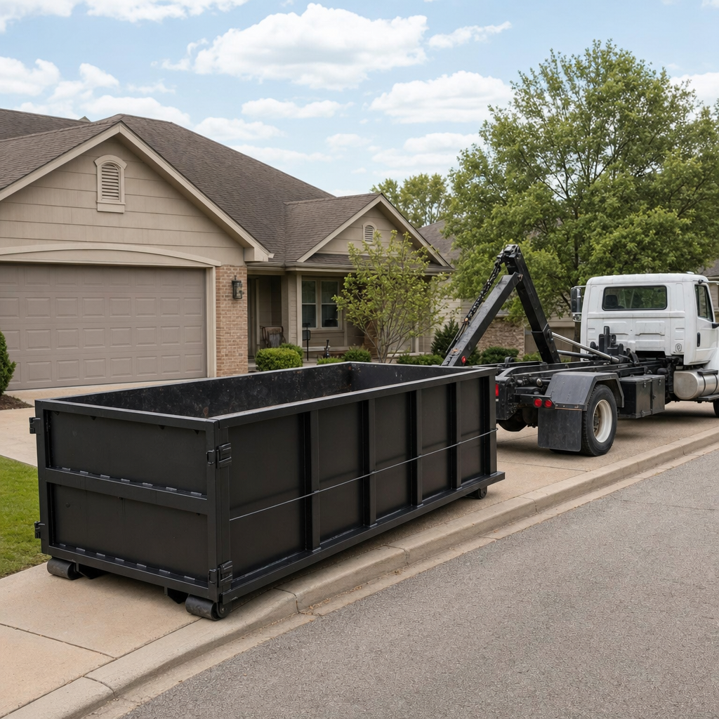 Wide documentary shot of a matte-black roll-off dumpster on a Alhambra residential driveway in the foreground and a contractor jobsite container in the soft-focus background, bright daylight, calm and orderly composition.
