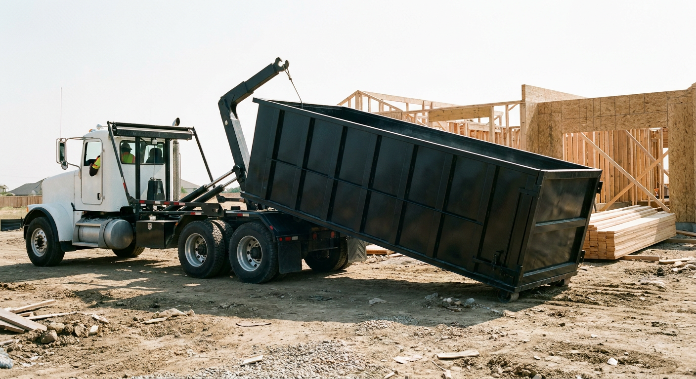 Matte-black roll-off dumpster being delivered onto a clean residential concrete driveway in Alhambra by an unmarked white hooklift hauler truck, bright morning daylight, documentary 35mm perspective.